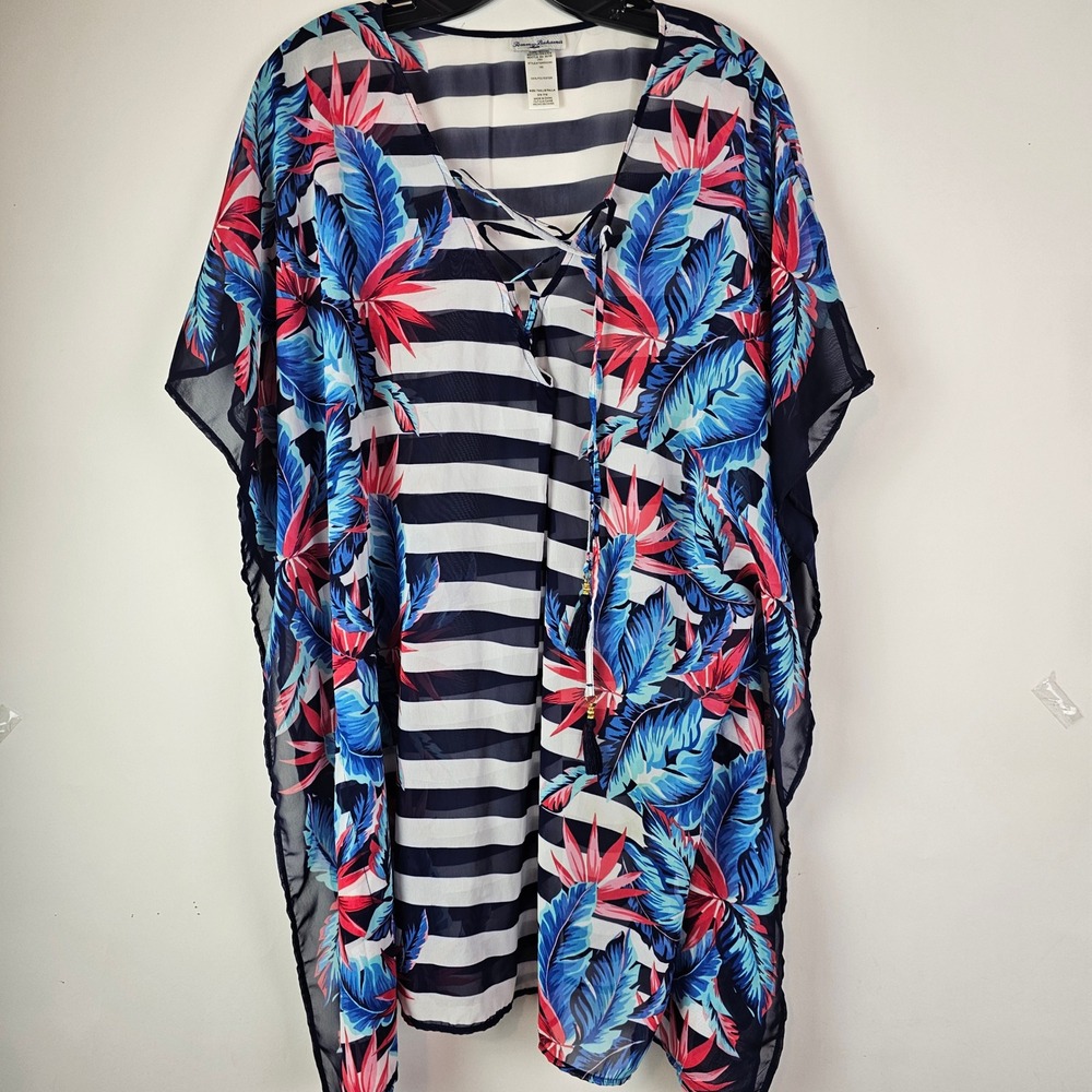 Tommy Bahama Women Blue White Striped Tropical Floral Tassel Cover Up S/M